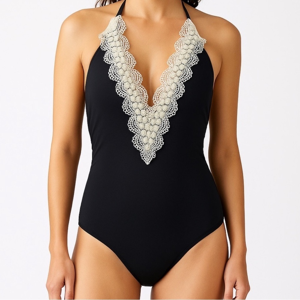 Sea Angel Women Black One Piece Swimsuit Lace V-Neck Halter Size S
